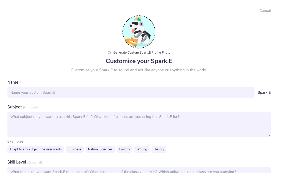 You may also choose to customize your own Spark.E Image of the Create your own Spark.E prompt