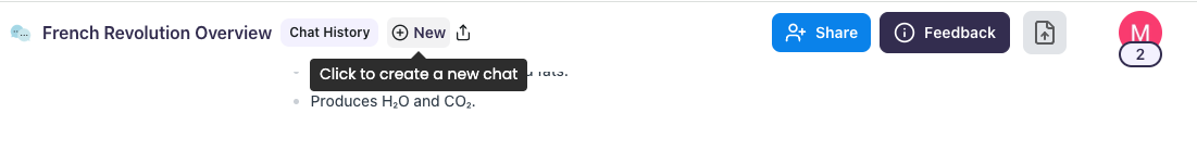 The New option lets you create a fresh chat session Image of the top portion of the chat box, hovered over "New" saying "Click to create a new chat"