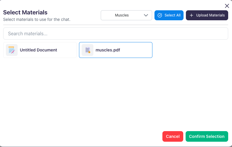 Select the material you would like to study and choose Confirm Selection Image showing the available materials to choose from