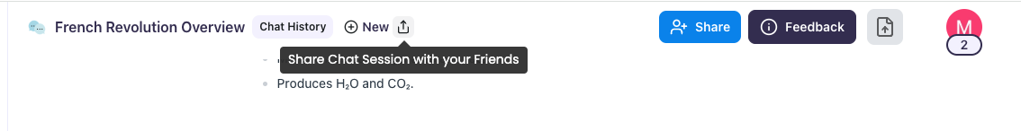 Share your chat sessions with friends Image of the top of the chat box, hovered over the share icon, saying "Share Chat Session with your friends"