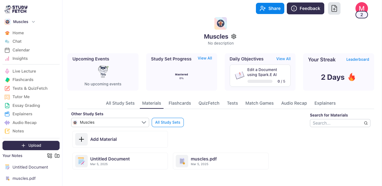 You will see your materials imported here Image of the homepage showing the generated materials and study sets