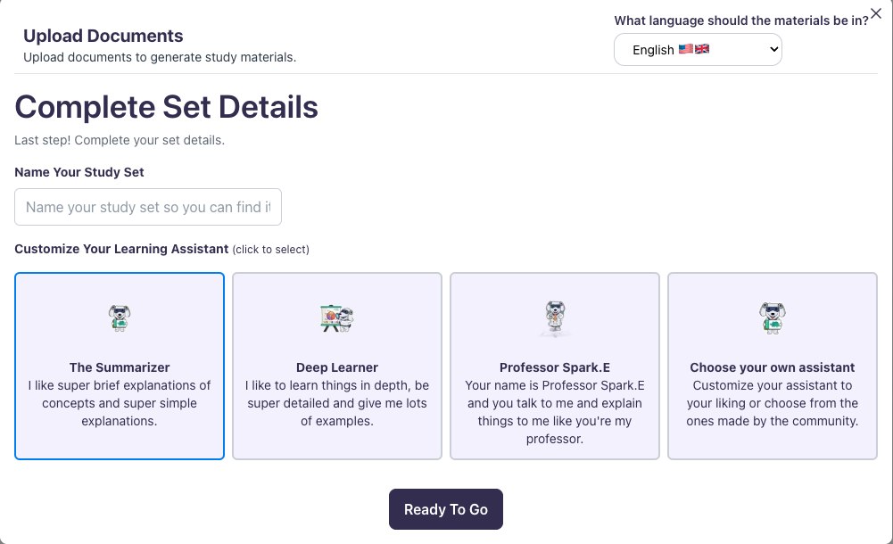 Name your Study Set and customize your own learning assistant Image showing the prompt to Complete Set Details, The Summarizer option highlighted as the type of learning assistant
