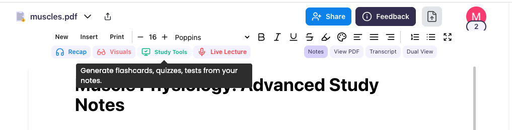 To generate other features, go to the Study Tools button Image showing the top portion of the screen, hovered over the Study Tools button
