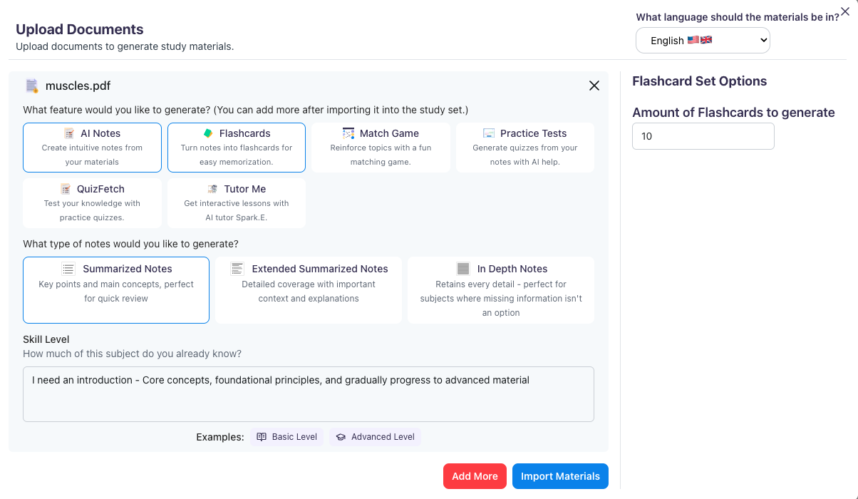 Once your document has been uploaded, choose the type of features you want to generate, you may choose one or more. In this case, click AI Notes and Flashcards. You may customize the type of Notes you want. You may also select the Skill Level and the number of Flashcards you want to generate. Image showing different types of study materials to choose from, AI Notes, Flashcards, and Summarized Notes are highlighted