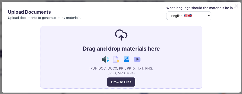In this example we'll use Upload Documents. Upload your document here. Image showing Upload Documents prompt where materials can be uploaded