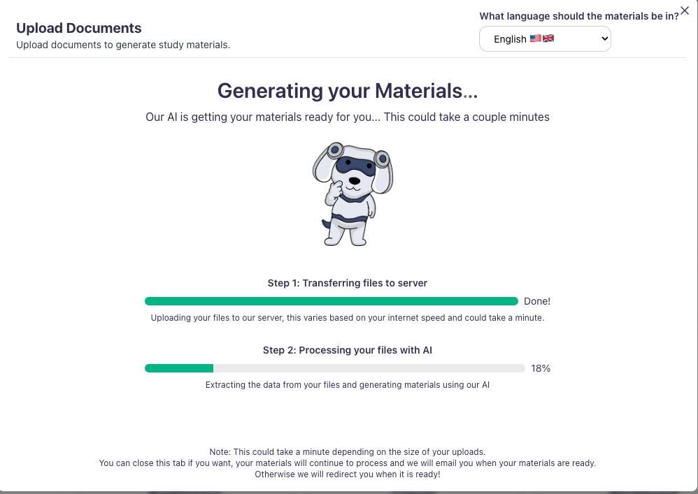Wait for your materials to be uploaded Image showing the waiting page while materials are being generated