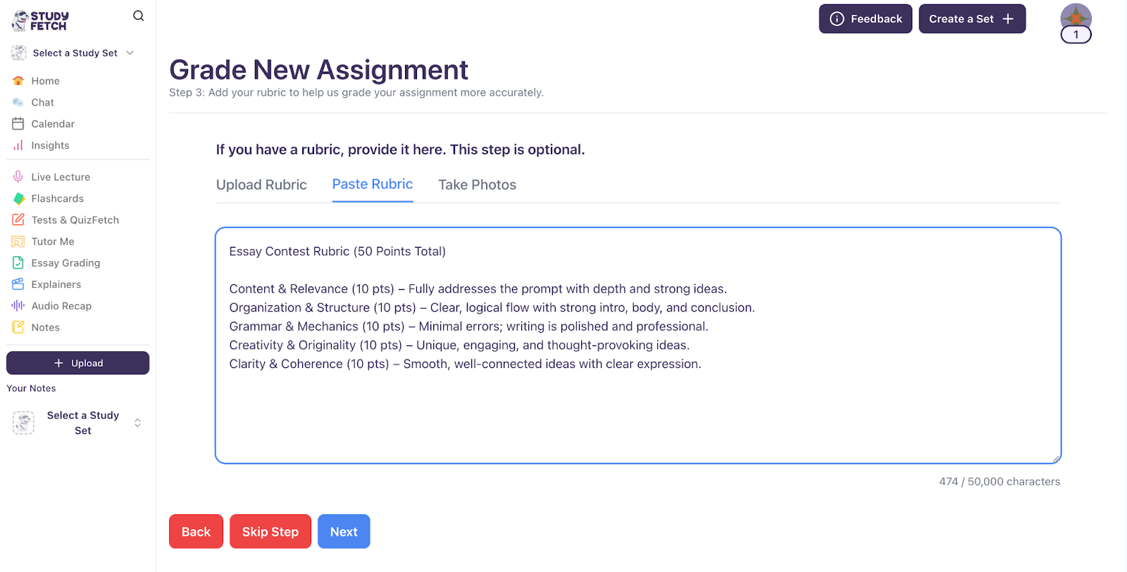 Add your rubric using one of the available options Image showing the options for adding a rubric, with Paste rubric hovered and the text editor visible, along with the Next button.