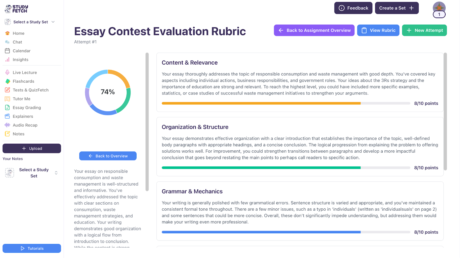 View detailed feedback by clicking Show Details Image showing the essay grades and an in-depth analysis based on the rubric.
