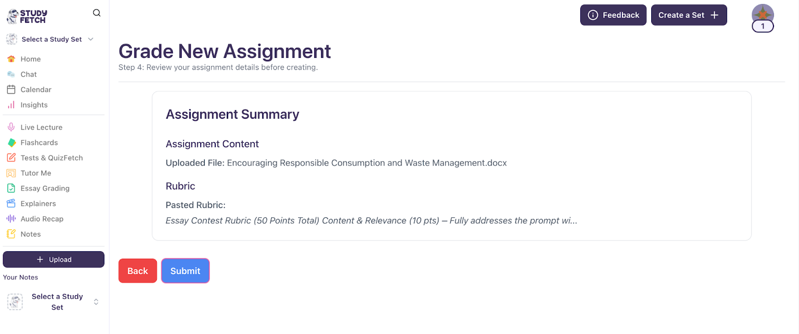 Review your assignment details before submitting Image showing the assignment content and rubric for review, with a Submit button visible.