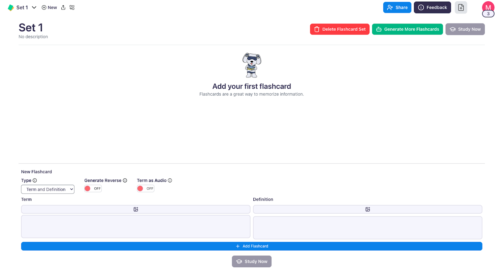 Choose Start from Scratch to create your own flashcards Image of the landing page when creating a new flashcard