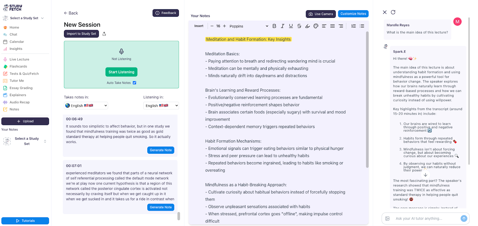 You may also make use of Spark.E, your AI Tutor to review your notes Image of the New Session page, chat box initiated with a question