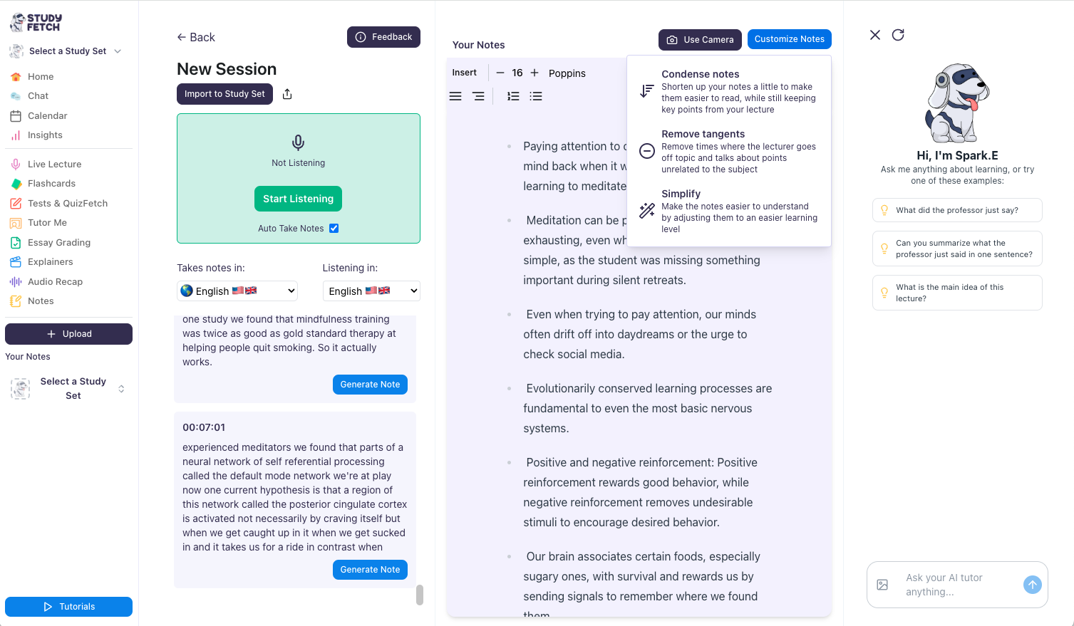 Once you're done, you can edit your notes by clicking Customize Notes on the upper right side of the notes generated. You will see options on how you can edit your notes. Image of the landing page of the New Session, hovered over Customize Notes, showing the dropdown selections