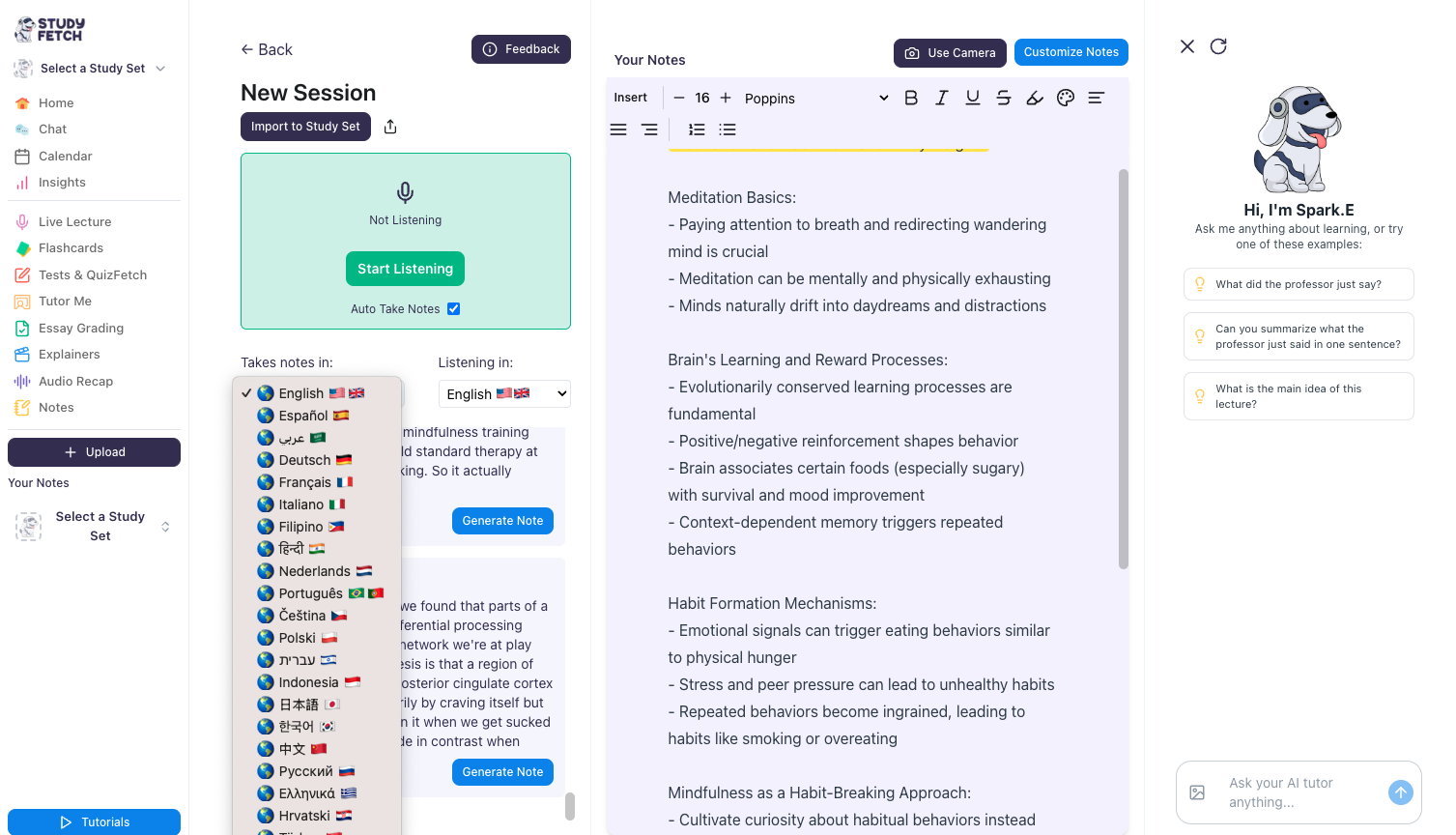 You may also change the language of the notes you want to generate Image of the New Session landing page, hovered over the Take Notes In dropdown with various language selection