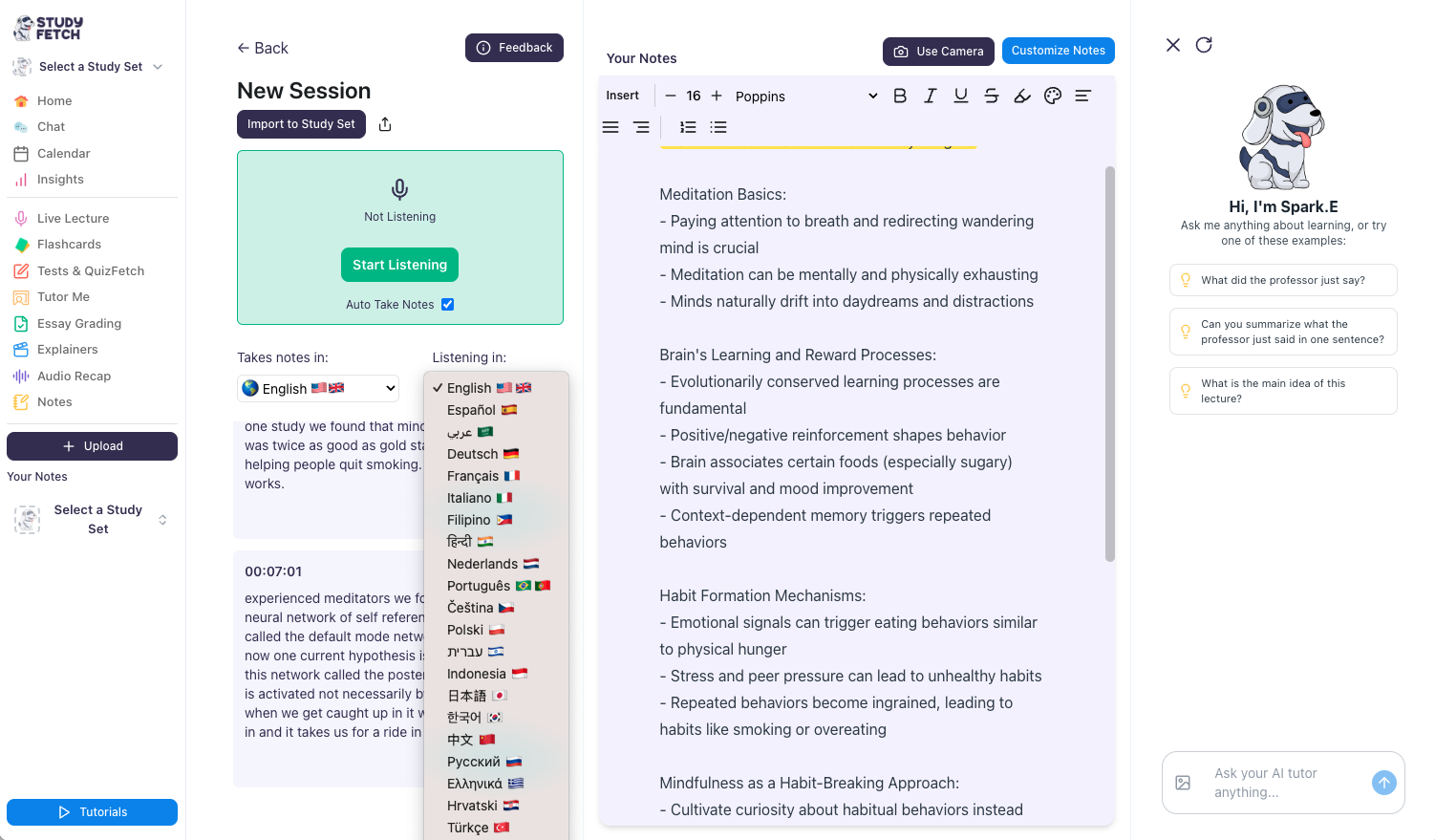 Or you may choose to change the language of the lecture you're listening to Image of the New Session landing page, hovered over the Listening In dropdown with various language selection