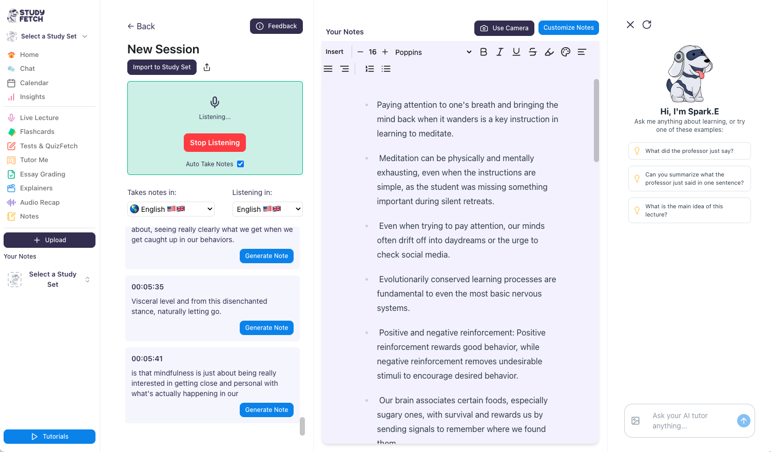 Make sure that the Auto Take Notes box is checked so that notes can be automatically generated Image of the view of the landing page, AI now listening and filling up the notes and transcript page