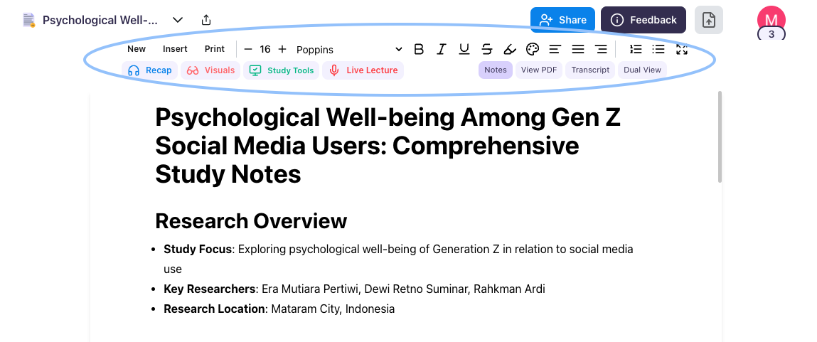 You now have notes generated from your material. You are able to customize these using the editing tools on the top of the Notes Image of the generated notes, the top portion circled to emphasize editing tools