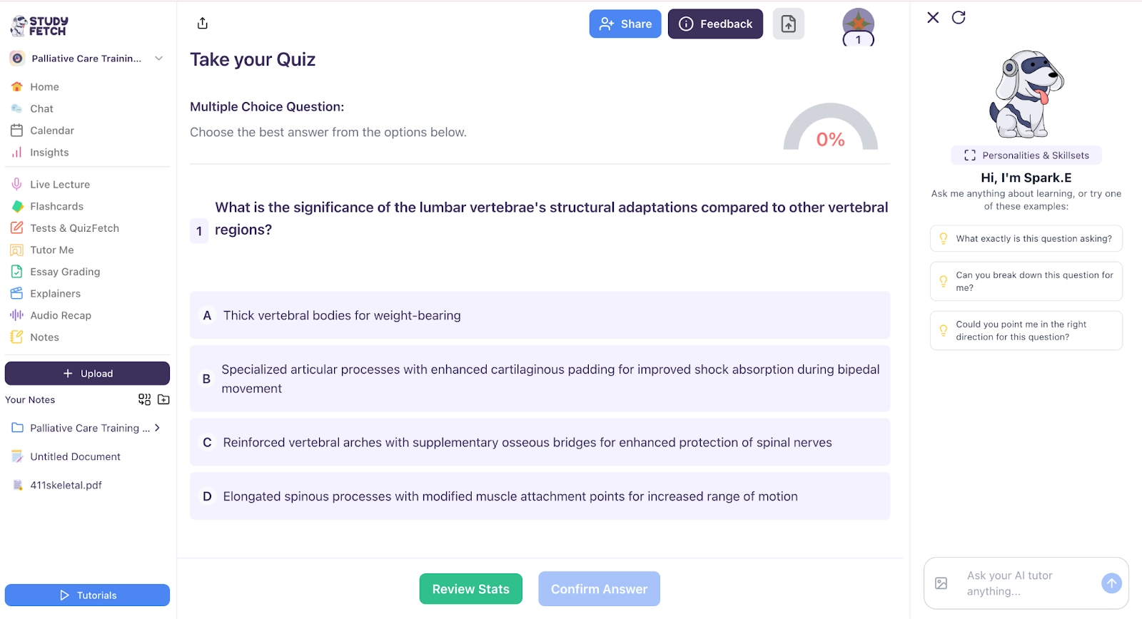 Get help from Spark.E while taking the quiz An image showing a question with a right-hand menu featuring help options from Spark.E.