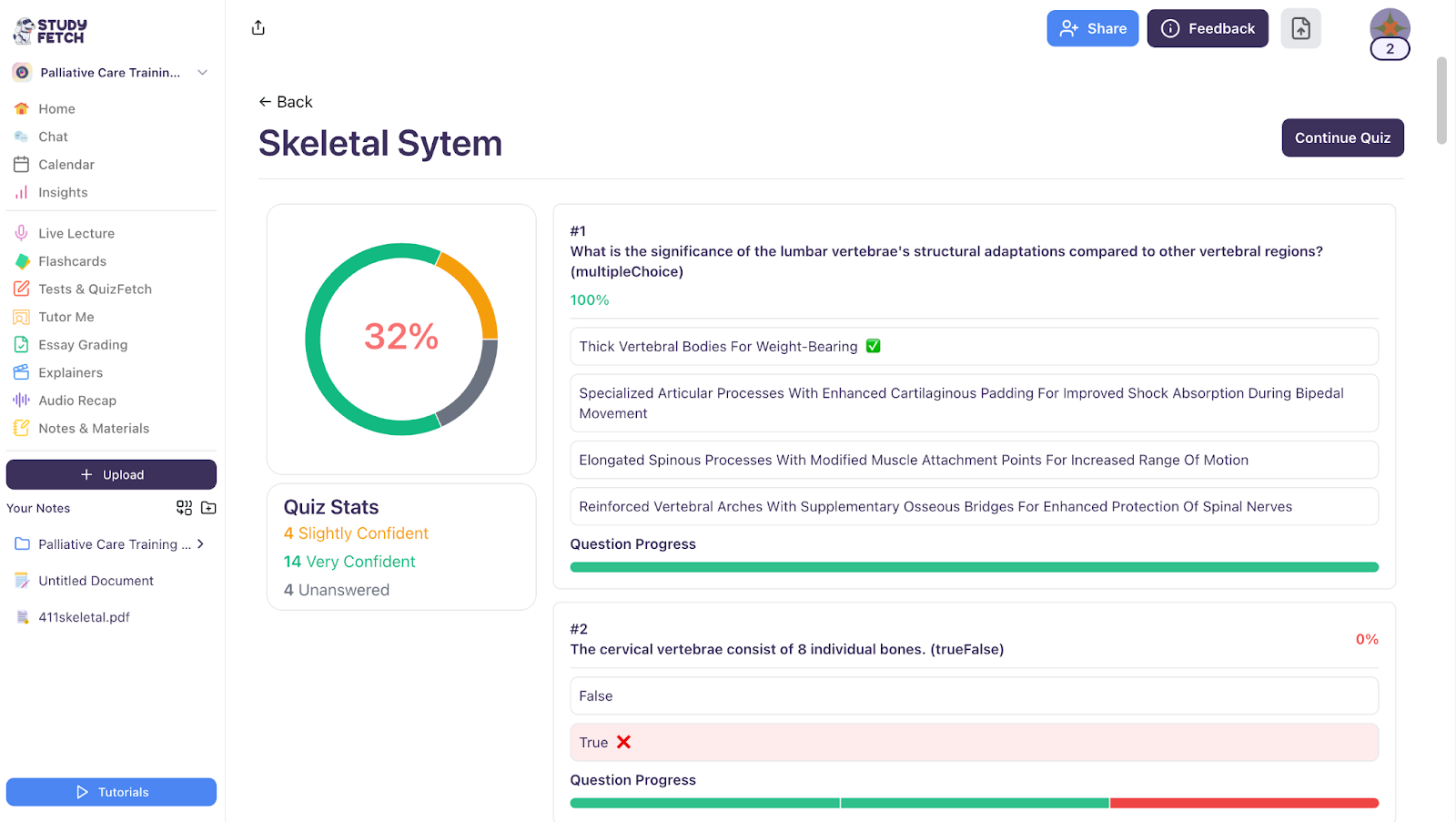 Review your quiz progress and continue when ready The image shows quiz stats and answered questions, displaying confidence levels and response accuracy.