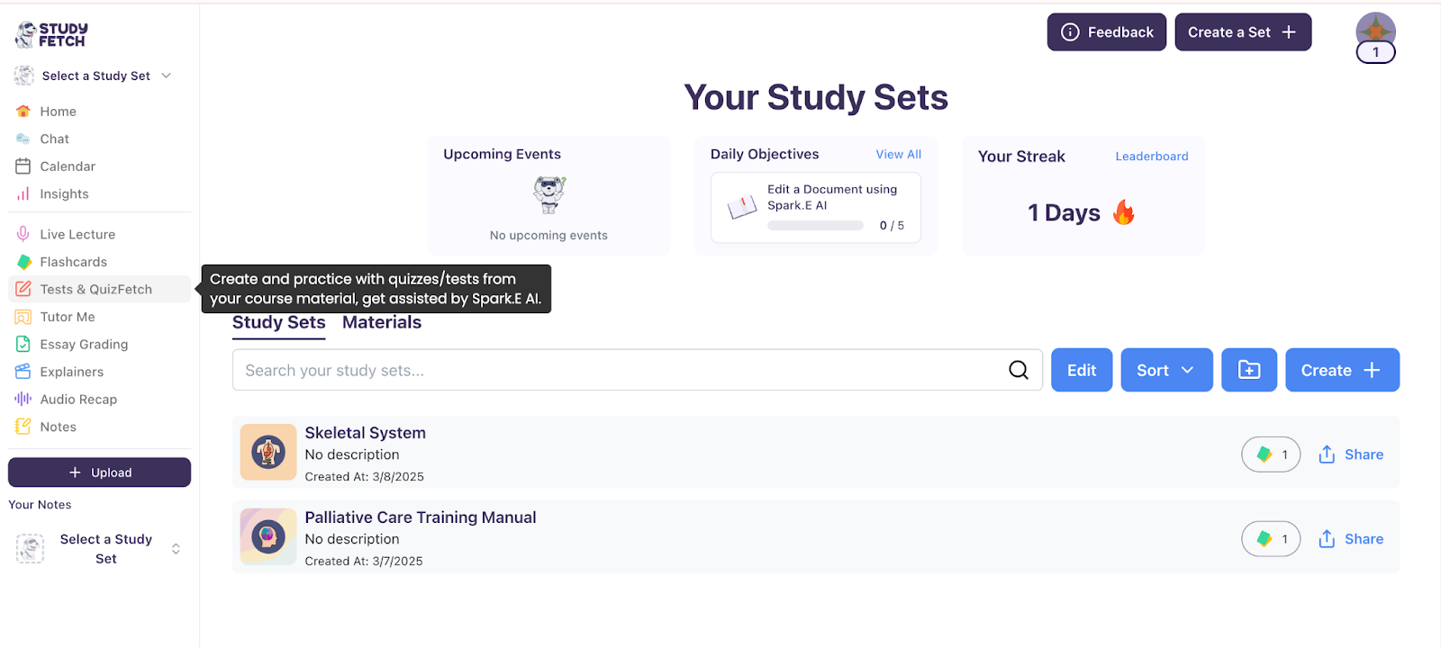 Navigate to Tests & Quizfetch from the left menu Image showing the Dashboard, hovered over Tests & QuizFetch.