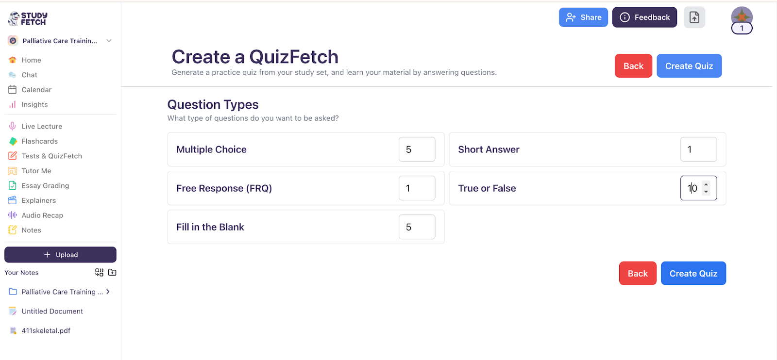 Specify the number of questions for each question type, including multiple choice, free response, fill in the blank, short answer, and true or false. Image showing question types with options to specify the number of each type.