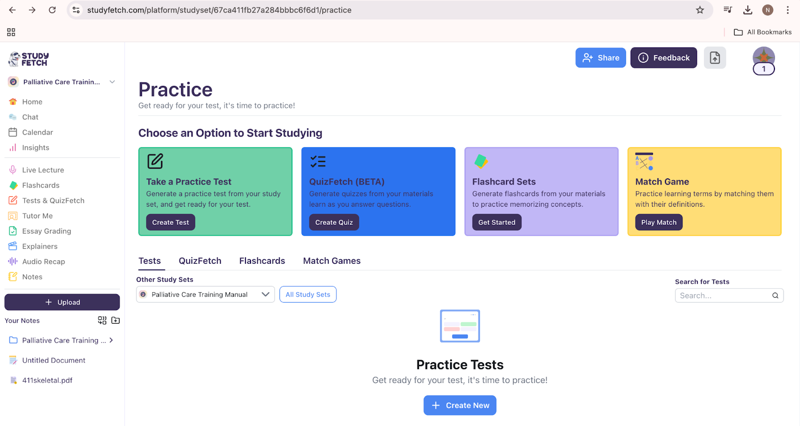 Select Quizfetch from the practice options Image showing practice options