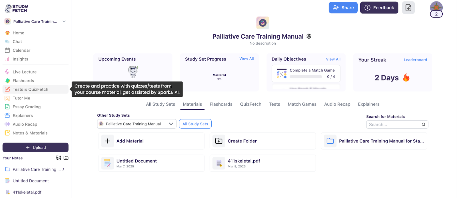In the dashboard, navigate to the left-hand menu and click 'Tests & Quizfetch.' The image shows the StudyFetch dashboard with "Tests & QuizFetch" highlighted.