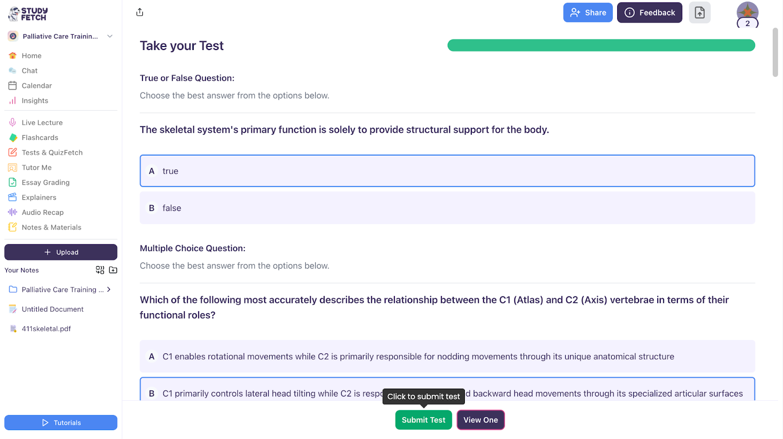 Once you've answered all the questions, click 'Submit Test.' The image shows a test where all questions are answered, with a "Submit Test" button.