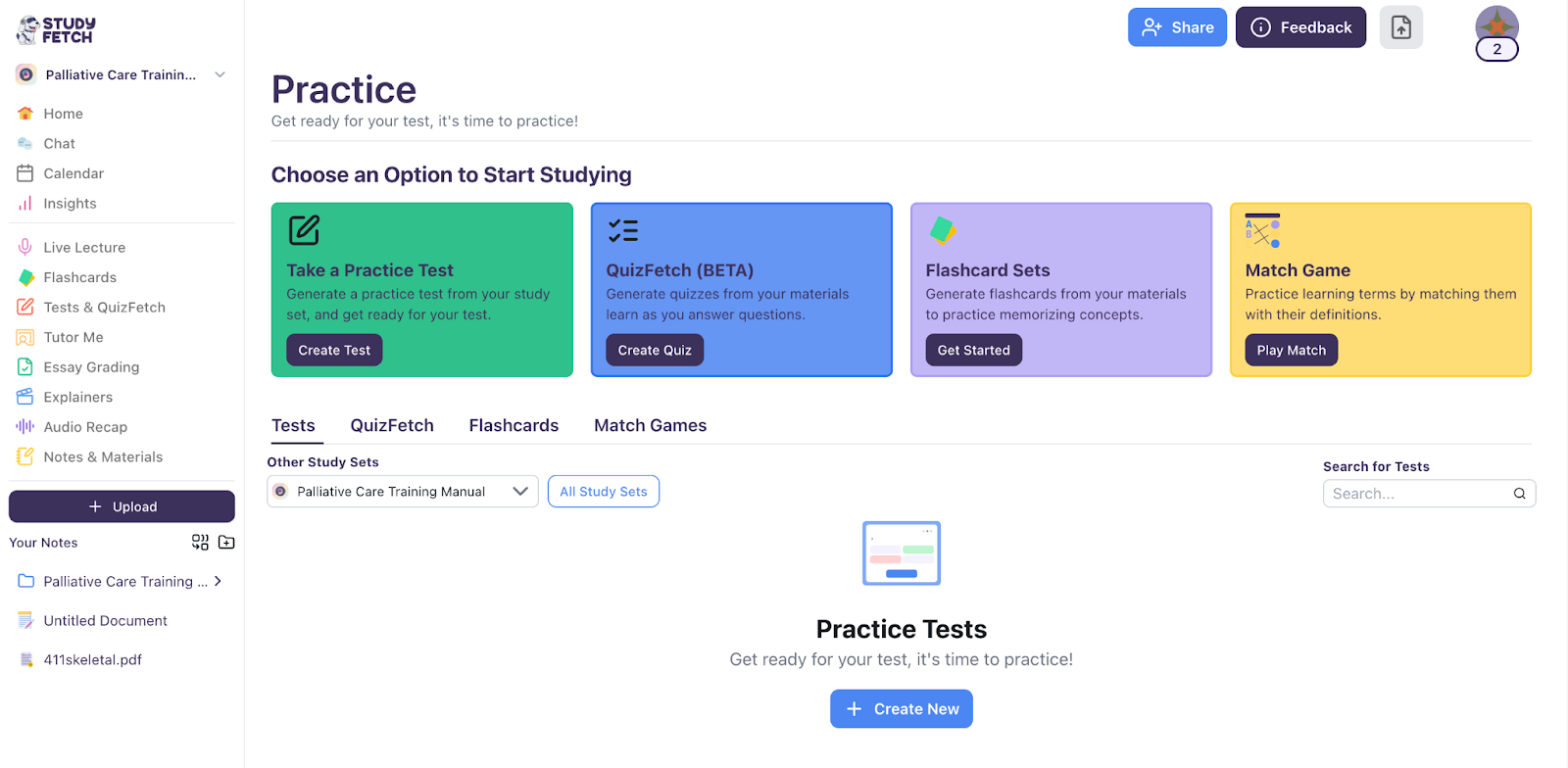 There are several options for practice, including tests, flashcard sets, match games, and Quizfetch. For this example, click 'Take a Practice The image shows practice options, including Take a Practice Test, QuizFetch, Flashcard Sets, and Match Game for studying.