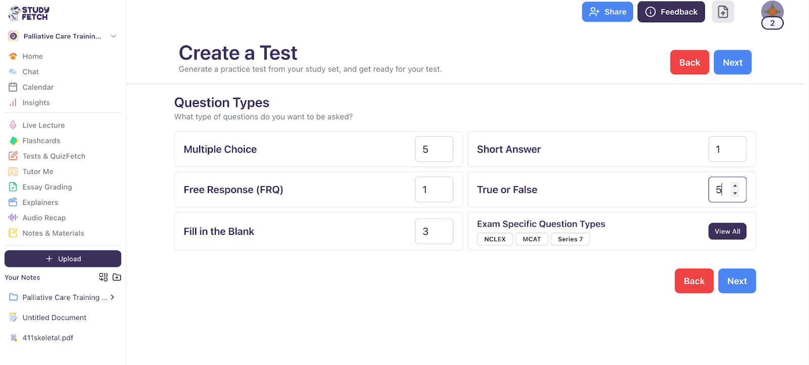 Specify the number of questions for each type, including multiple choice, free response, fill in the blank, short answer, and true or false. You can also select the type of exam you're studying for, such as the MCAT. Then, click 'Next.' The image shows different question types where you can choose the number of questions, including multiple choice, free response, fill in the blank, short answer, and true or false.