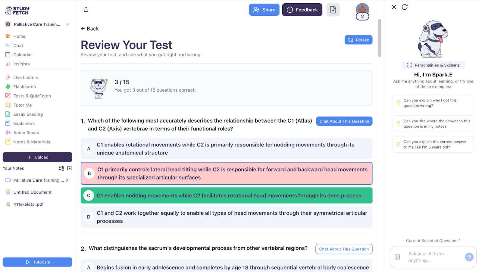 You'll see all your answers and whether they are correct or wrong. You can also chat with Spark.E on the right side to ask questions. The image shows correct answers and an option to ask Spark.E.