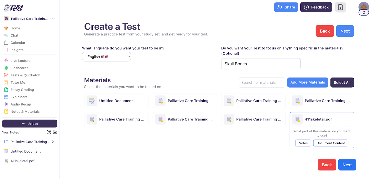 Select the test language, choose a specific topic to focus on, pick the materials to be tested on, and then click 'Next.' The image shows options to select the test language and choose study materials for the test.