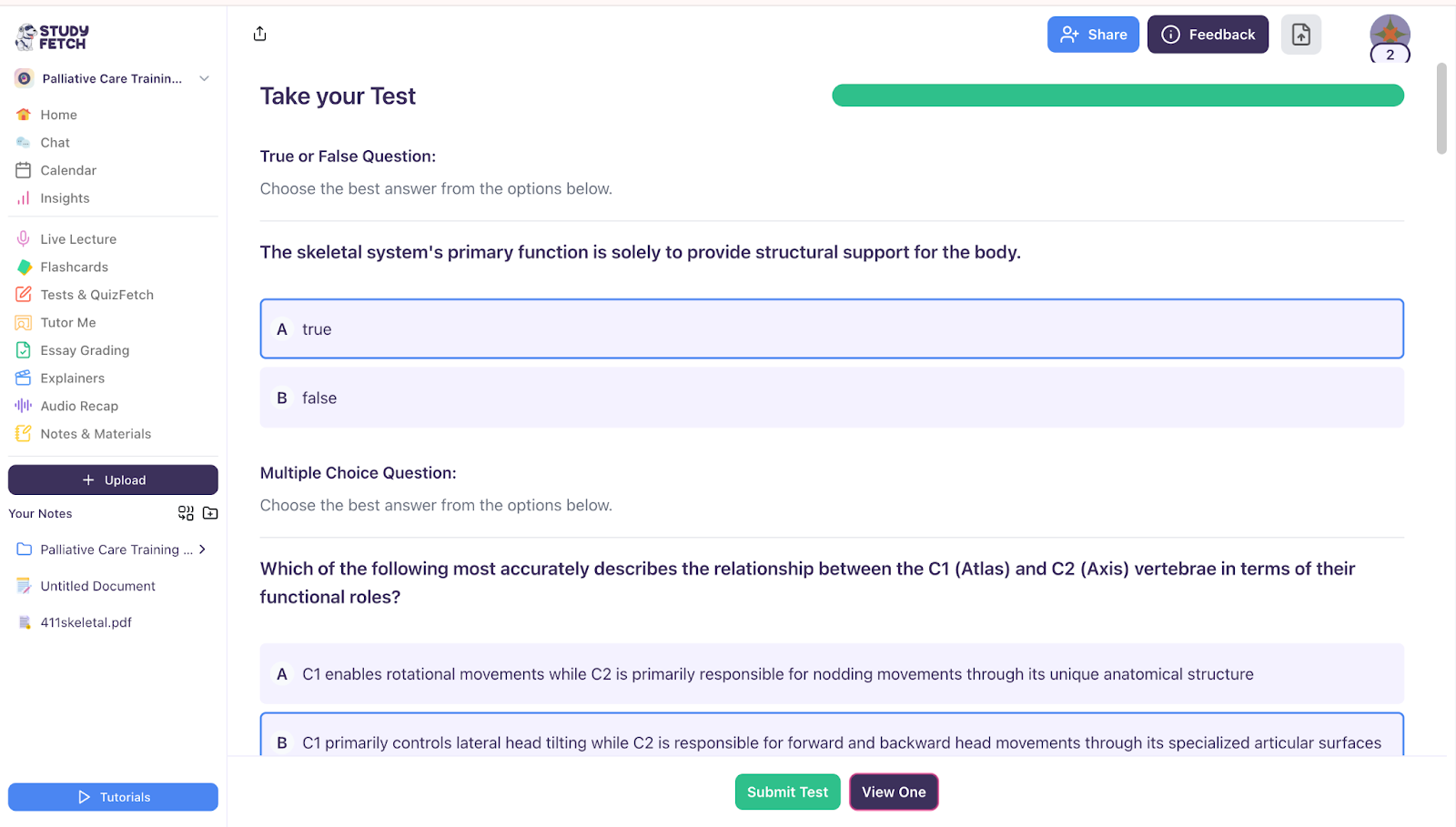You will be able to view all the questions. To go back to viewing one at a time, click 'View One.' The image shows a test with a "View One."