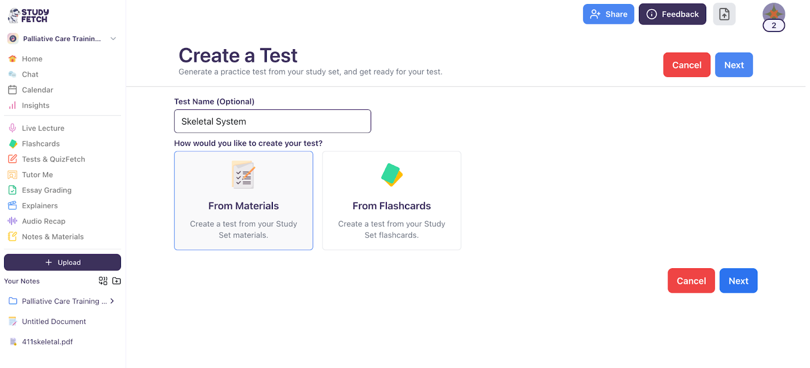 To generate a practice test, enter a name and choose how you want to create it—either from materials or flashcards. For this example, select 'From Materials,' then click 'Next. The image shows a field to enter a test name with options to create a test from materials or flashcards.