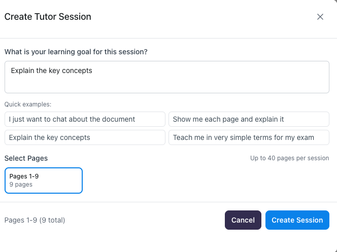 You will be prompted to Create a Tutor Session. Fill out the details needed and proceed to Create Session Image of the Create Tutor Session prompt