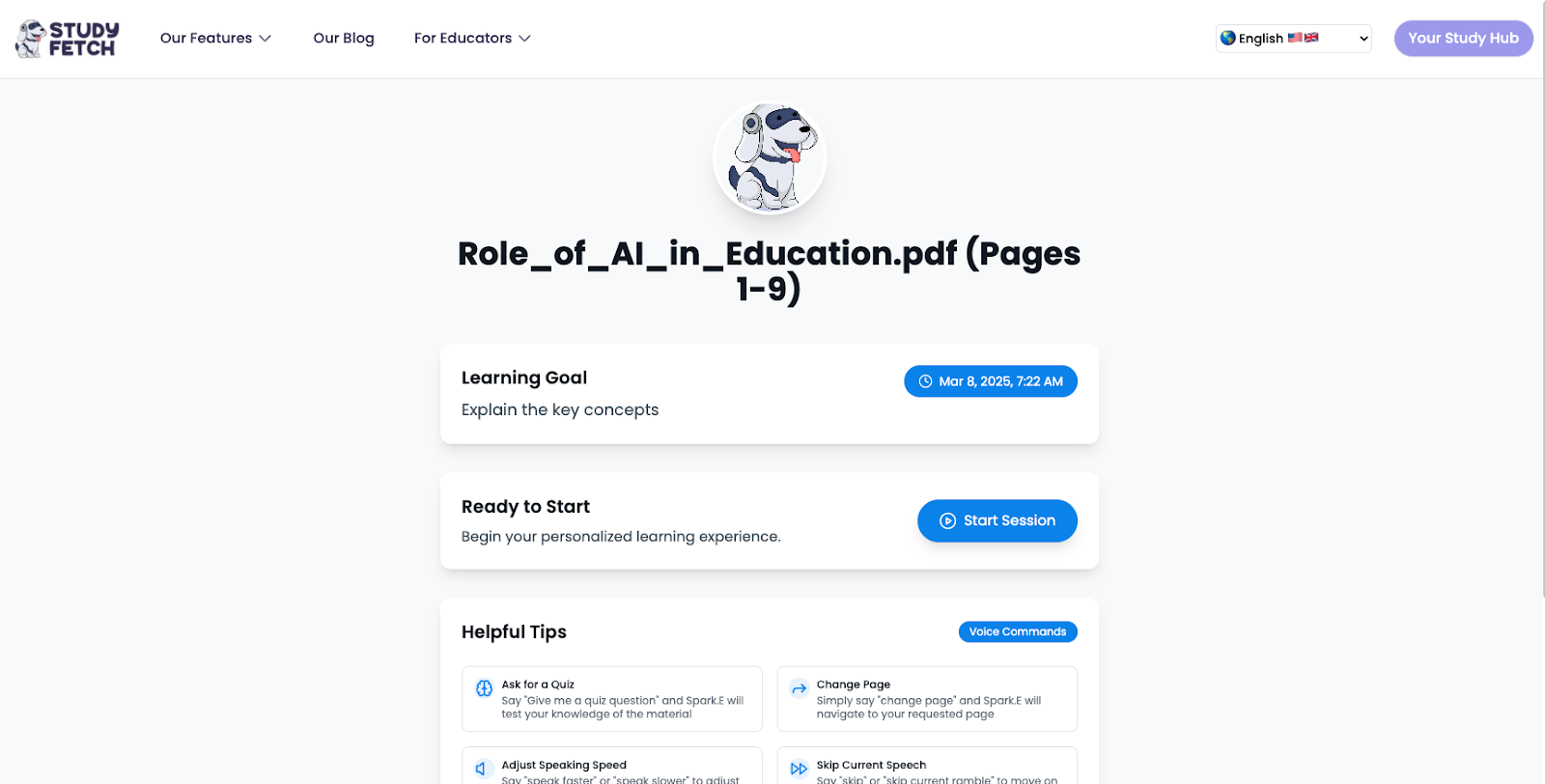 You will be directed to a new tab. Once you're ready to start, click on Start Session Image of the tab created with the uploaded material titles Role_of_AI_in_Education.pdf