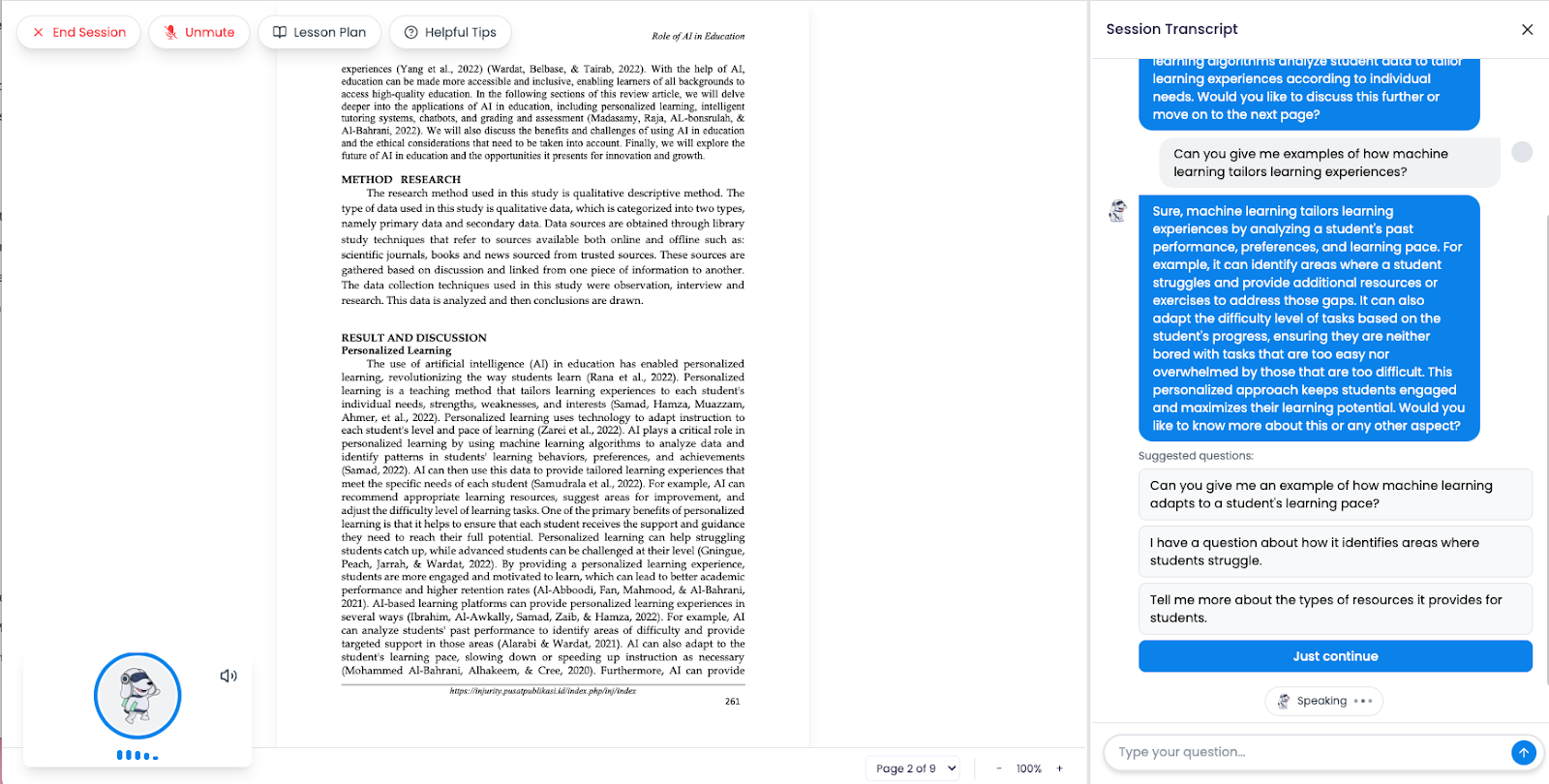 You can now start your session with Spark.E by asking him questions directly through your microphone, or by typing in the chat box  Image of the Tutor Me session in action, questions being asked are seen in the chat box on the right side of the screen