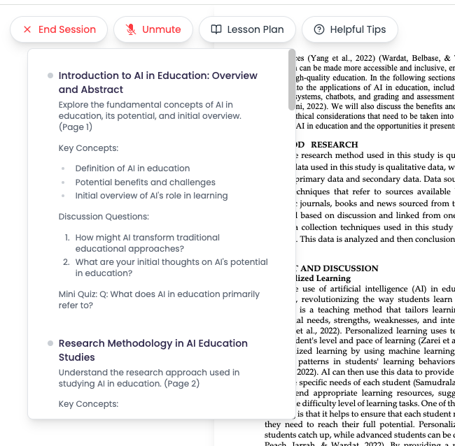 You can also view the lesson plan created from your materials by simply hovering over Lesson Plan Image of the upper left corner of the Tutor Me session, hovered over Lesson Plan