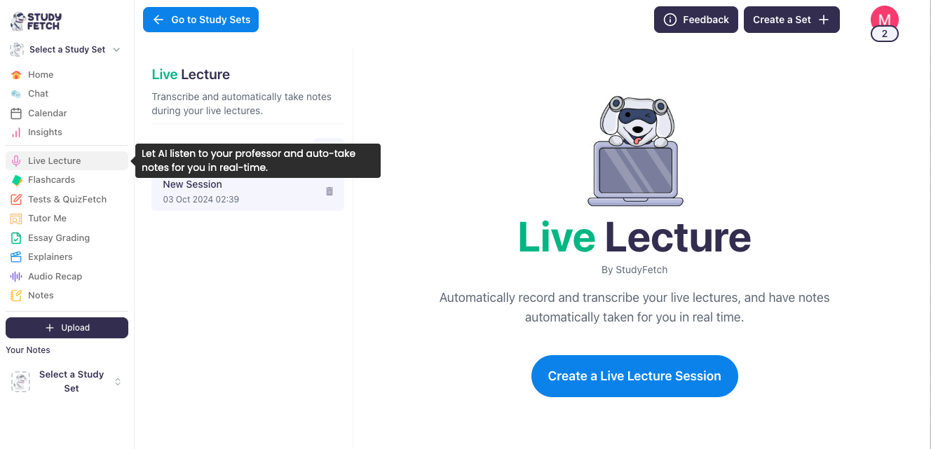 Image showing the landing page for Live Lecture, hovered over the Live Lecture button on the left side