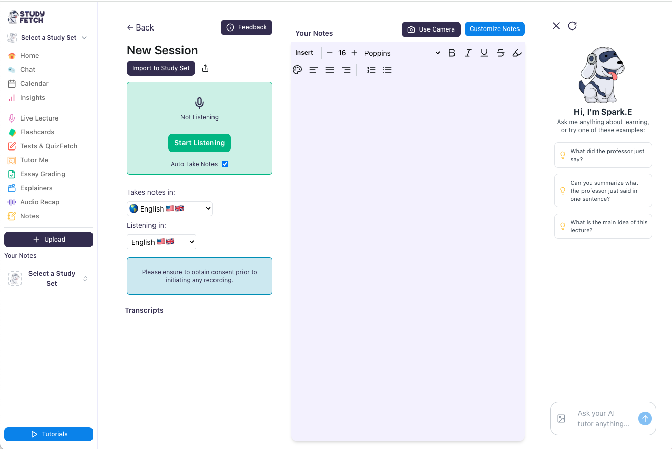 Image of the New Session landing page, notes are still blank