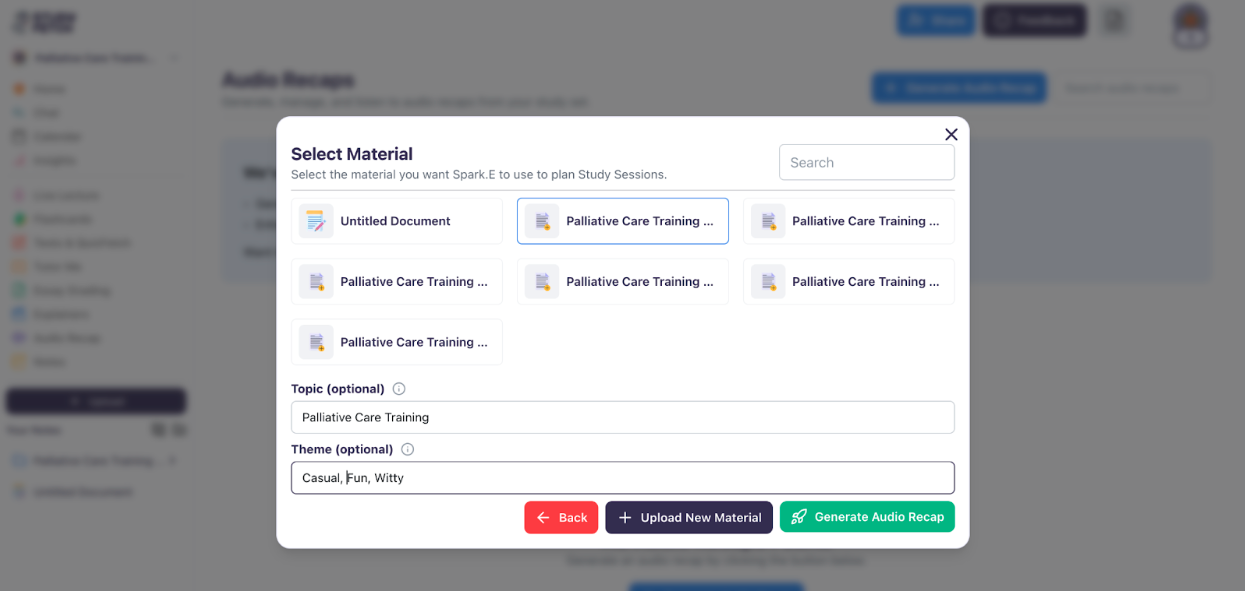 Select materials for your audio recap The image shows checkboxes to select materials for the audio recap.