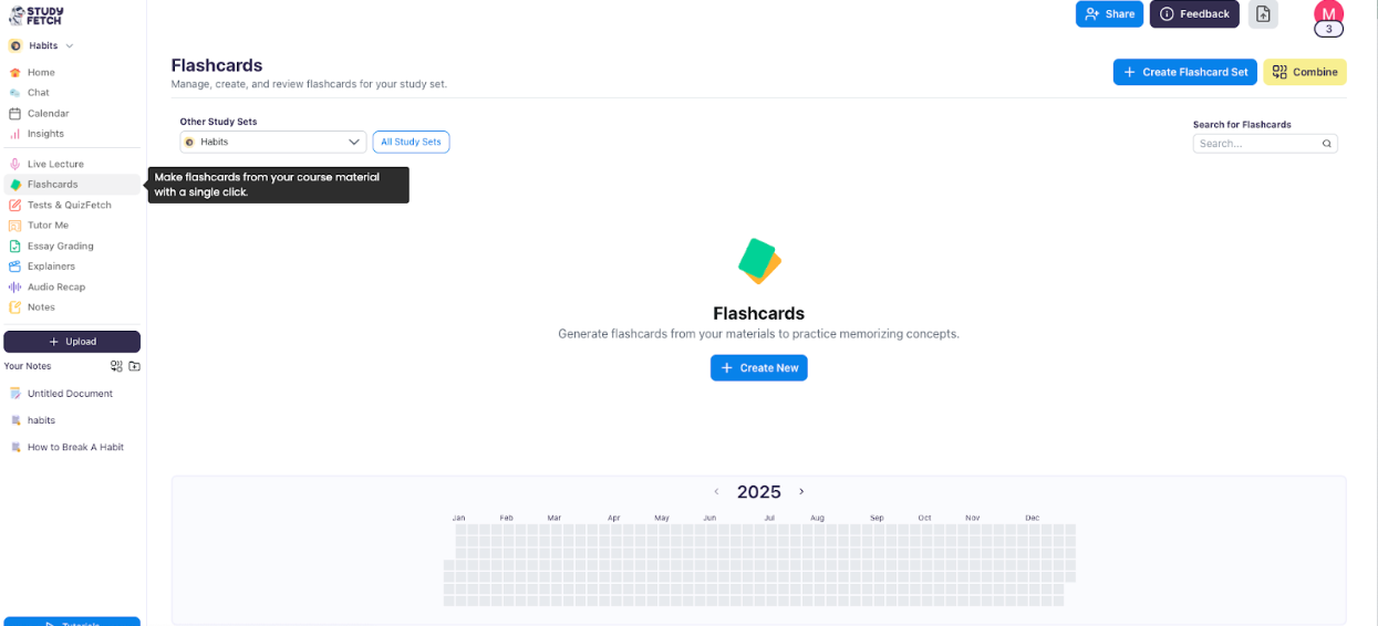 Access Flashcards from the dashboard menu Image of the StudyFetch dashboard, hovered over the Flashcards in the left side menu
