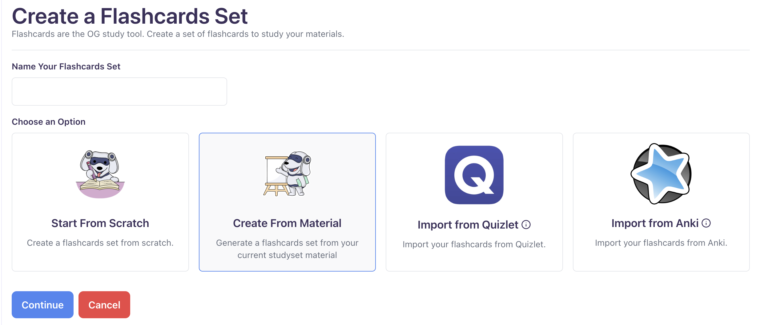 Choose an option to generate flashcards Image of the Flashcard Generate options