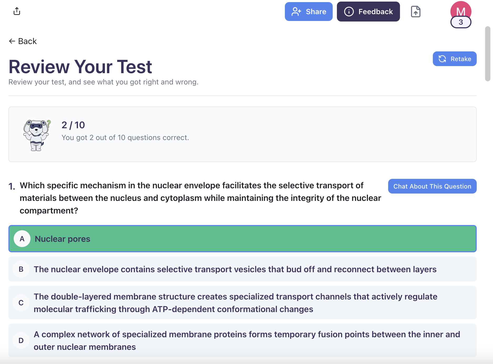 Review your final score and analyze your performance The image shows a quiz completion screen with the final score and options to review.