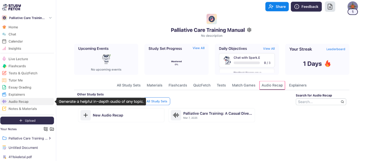 Access Audio Recap from the dashboard The image shows the left-hand menu with Audio Recap highlighted.