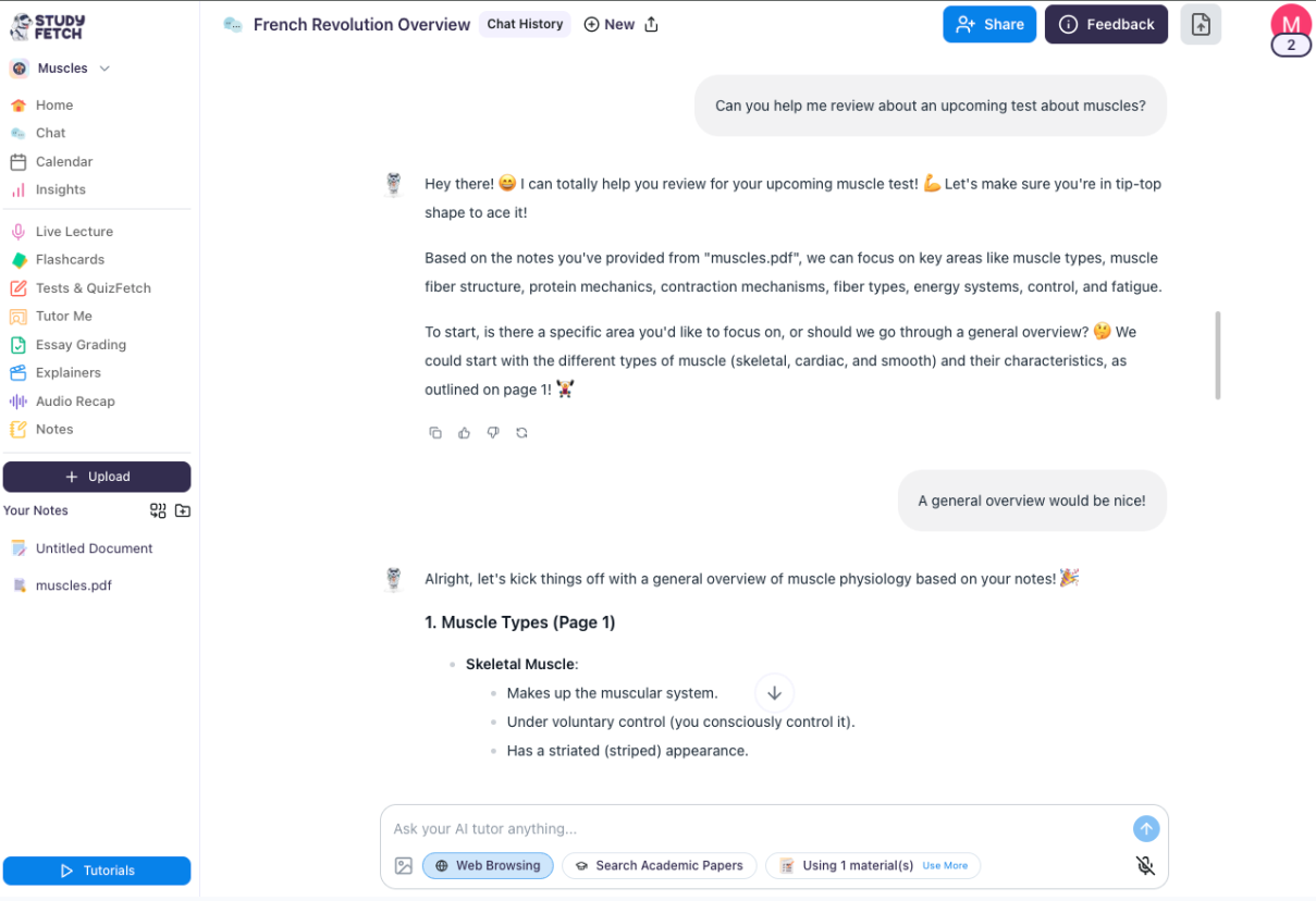 Spark.E will now tutor you based on your selected materials Image of the Chat session, showing the selected materials