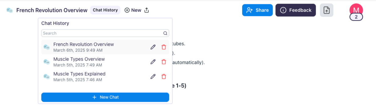 View and select from all your previous chats Image of the top of the chat box, showing the All Chats selection dropdown