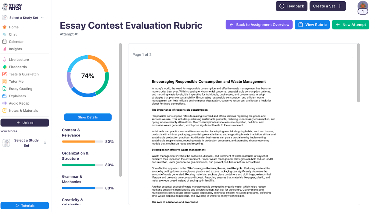 View your graded essay results Image showing essay grades with the overall score at the top and individual rubric scores below.