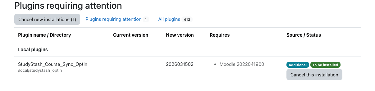 Moodle Plugin: Syncing StudyStash to Courses (Opt-In Mode) — screenshot