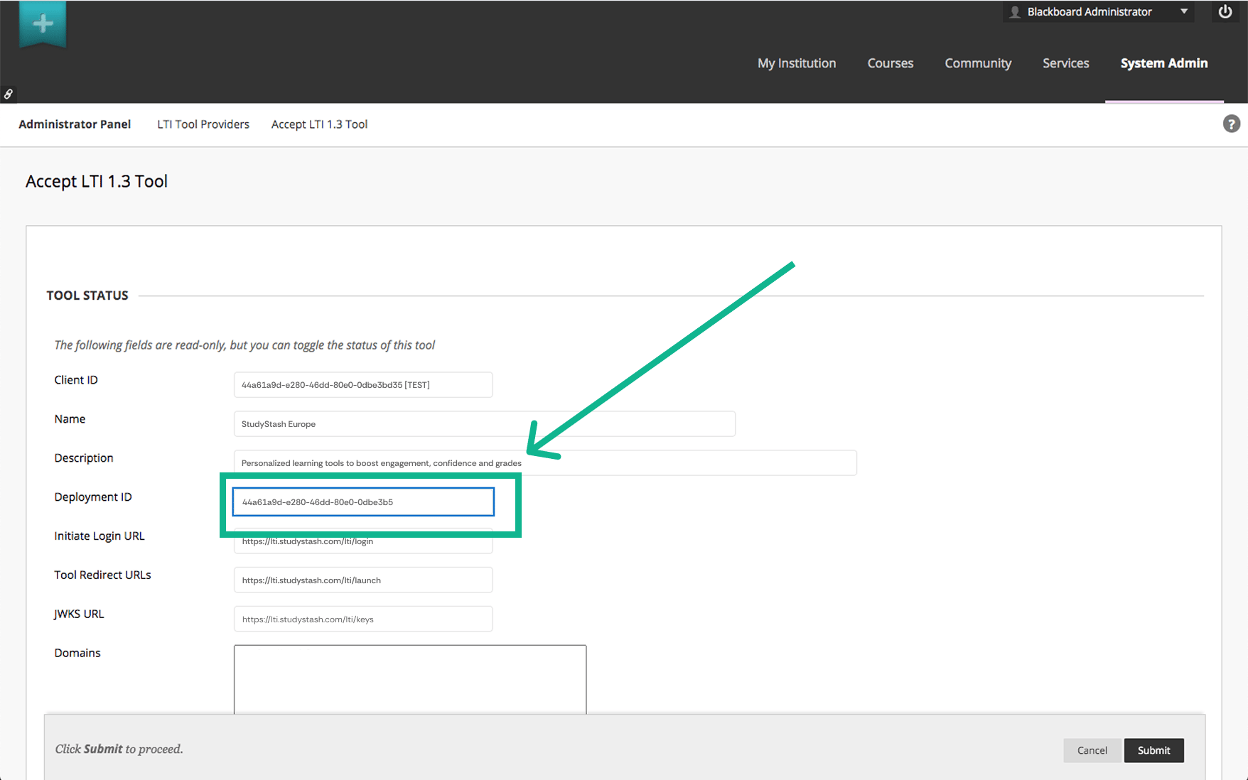Blackboard LTI set-up: Copy Deployment ID for later
