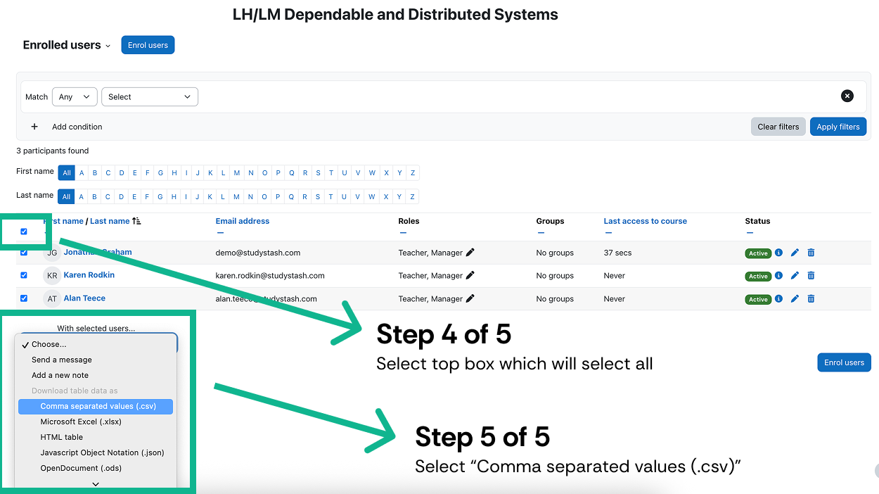 How do I export student data from Moodle into a CSV file? — screenshot